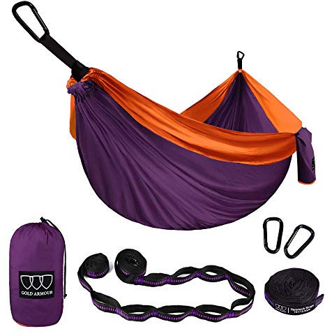 Gold Armour - XL-Doppel-Hängematte, tragbare Hängematte, Camping-Zubehör, Ausrüstung für drinnen und draußen, mit Baumgurten, Marke aus den USA (lila und orange)