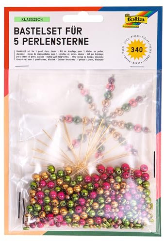 folia 12540 - Bastelset für 5 Perlensterne Classic, rot / gold / grün, 340 teilig - ideal als selbstgemachte Dekoration für Weihnachten