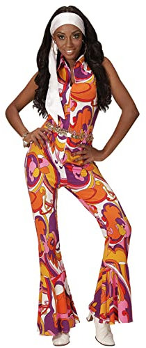 70er Jahre Damen Retro JUMPSUIT mit Orchideen-Muster Disco-Queen Kostüm Overall Siebziger Schlager-Festival 70's, Größe:M