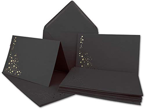 30x Faltkarten-Set mit Umschlägen DIN B6 - Schwarz mit goldenen Metallic Sternen - 11,5 x 17 cm - sehr edel - Ideal für Weihnachtskarten