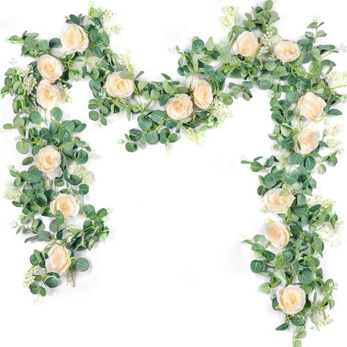 Der Rose Künstliche Eukalyptus-Blumengirlande mit künstlicher Seide, Rose, Blume, Samen, Eukalyptusblätter, Grüngirlande, für Hochzeit, Bogen, Tisch, Wand, Raumdekoration (Champagner), 2 Stück