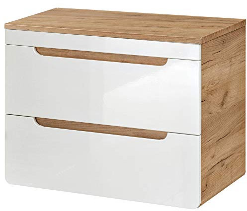 Lomadox Badezimmer Waschtisch-Unterschrank 80 cm, Hochglanz weiß mit Wotan Eiche Nb., Softclose-Schubkästen, B/H/T ca. 81/61,5/46 cm