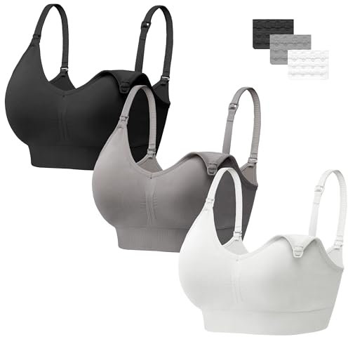 HBselect 3PCS Soutien-Gorge d'allaitement Soutien Gorge Maternité,Bra de Grossesse Postnatal Prénatale sans Armature(Noir+Gris+Blanc