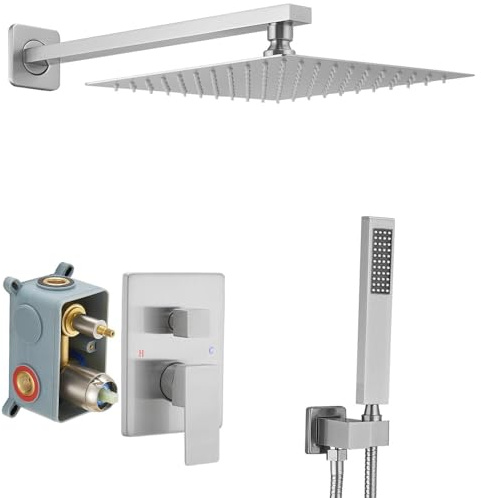 JingGang Duschsystem aus gebürstetem Nickel, 25,4 cm, luxuriöses Regenmischer, Dusch-Kombi-Set, Wandmontage, Regenduschkopf und Handsystem, Duscharmatur, grobes Ventilkörper und Verkleidungsset