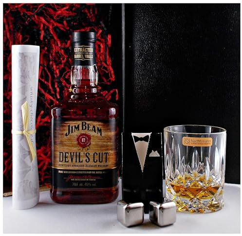 Geschenk Jim Beam Devil`s Cut Bourbon Whiskey + Kristall Glas + 2 Whisky Kühlsteine