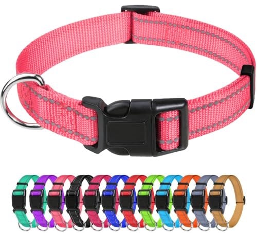TagMe Reflective Nylon Dog Collars, Adjustable Classic Pet Collar with Quick Release Buckle for Small Dogs, Baby Pink, 2.0 cm Width