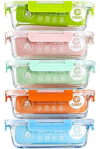 C CREST [5-Pack] Glass Lunch Box, Meal Prep Glass Containers with Lids, Glass Food Storage Containers, 34 OZ