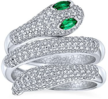 Ägyptischer Stil Exotischer Formeller CZ Mikro-Pavé Simulierter Smaragdgrüner Augen Umwickelbarer Stapelbarer Bypass Wrap Breiter Statement Schlange Ring Für Frauen Offen Verstellbar .925 Sterling