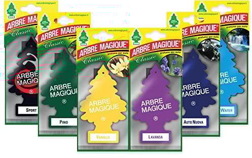 Arbre Magique Mono, parfumeur de voiture, 1 assortiment (sport + pin + vanille + lavande + voiture neuve + eau fraiche) durée jusqu'à 7 semaines, fabriqué en Italie, lot de 6 pièces