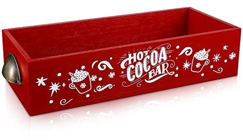 Vesici Hot Cocoa Bar Wood Storage Box Decorative Christmas Cute Wooden Storage Bins Farmhouse Open Holder Box Coffee Station Organizer for Xmas Holiday Bar Home Office Countertop(Red)
