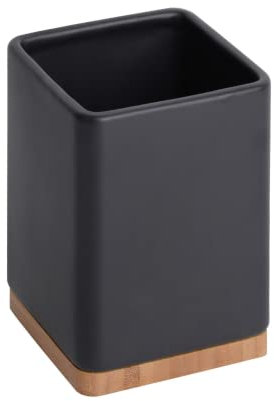KOOK TIME Pot ustensiles cuisine - Porte ustensiles de cuisine en céramique et bambou - cuisine accessoires pour le rangement ustensiles cuisine - Noir mat - 10,5 x 10,5 x 15 cm