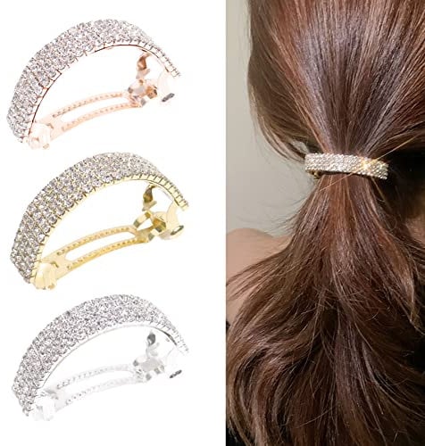 Nideen 3 Pack Crystal Rhinestone Hair Clips, Rose Gold Bling Diamante Hair Clips, Ponytail Hair Clips Hair Barrettes for Women Wedding Hair Accessories, Rose Gold, Silver, Gold (Pack of 1)