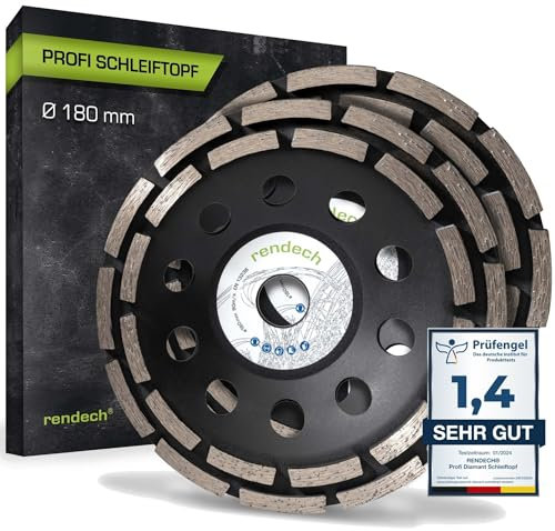 2x Profi Diamant Schleiftopf 180 mm schwarz für Beton, Stein, Fliesenkleber uvm. - Beton Schleifscheibe 180x22,23mm für Winkelschleifer | rendech®