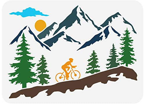 FINGERINSPIRE Bergbaum Und Radfahrer Schablone 21x29.7cm Wiederverwendbar Bergsteigen Biker Schablone Sonnenaufgang Malschablone Sportthema Schablone Zum Malen Auf Wand, Holz, Stoff, Möbeln