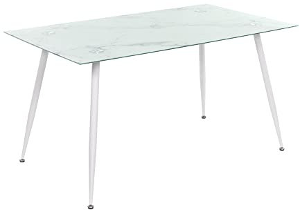 MOG CASA Mesa de Comedor Fija Rectangular Beale | 140 x 80 x 75 cm | Ideal para Cocina o Salón | Materiales Resistentes | Tablero con Efecto Mármol Blanco | Patas de Metal en Blanco
