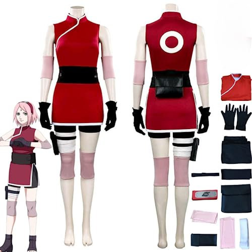 Rcrllya Anime Charakter Haruno Sakura Cosplay Kostüm Outfit Rolle Spielen Rot Uniform Full Set Halloween Carnival Party Anzug mit Perücke (Kostüm,L)