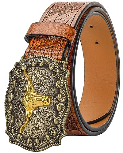 KorhLeoh Western-Ledergürtel mit Cowboy-Schnalle für Herren und Damen, Jeans, mit Blumengravur, Longhorn-Bull-Texas-Schnalle (69–104cm Taillenumfang)