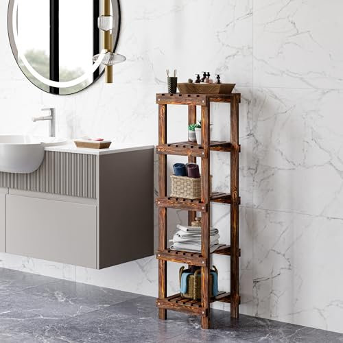[en.casa] Badregal Kinnula Badezimmerregal hohes Standregal mit 5 Ebenen Küchenregal schmales Holzregal aus Holz freistehend 110x30x30 cm Dunkler Holzton