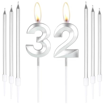 mciskin Silver 32 Birthday Candles-3D Number 32 Candle for Cake with 6pcs Long/Thin Candles Set,Silver Cake Topper for Women Men 32th Birthday Decorations Supplies,32th Wedding Anniversary Décor