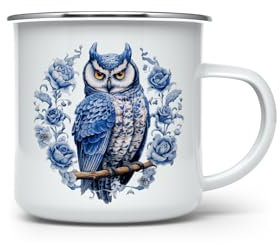 MAXIKIWI - Durable Enamel Coffee or Tea Camping Mug for Indoor Outdoor Use - Delft Blue Witch Watercolor - 350ml