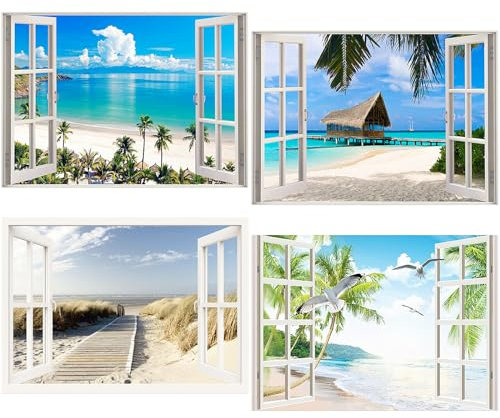 TDFERAN/40x30CM Diamond Painting Meer und Strand,Diamant Painting Bilder Landschaft Fenster, DIY 4 Pack Cross Stickerei Malerei Kits, für Wohnzimmer Schlafzimmer Büro Wand Dekoration