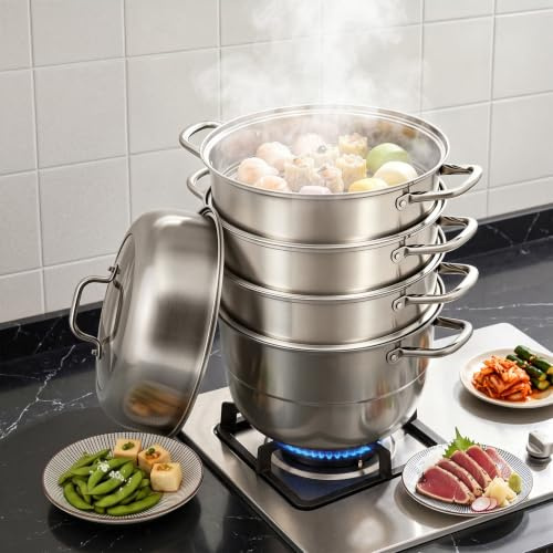 32cm Edelstahl Dampfkocher mit Dampfeinsätzen und Glasdeckel Dampfkochtopf Mantokocher Futternapf 5 Etagen Dampftopf