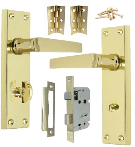 Betley Butterfly Victorian Straight Handle Brass Latch Lock for Bathroom WC Toilet Door, 3 Lever Mortice Lock, 3 Hinges (Bathroom Pack)