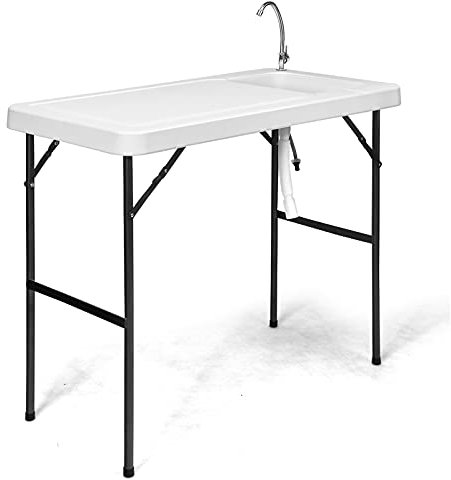 COSTWAY Mesa Plegbale Camping, Mesa de Jardín Plegable Portátil con Grifo Giratorio 360°, Fregadero, Tubo de Drenaje Ajustable, Ideal para Acampar, Picnic al Aire Libre, 90kg