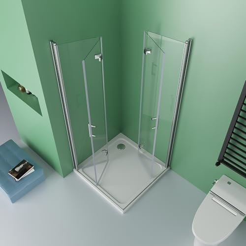 DOOLEEWEE 90 x 100 x 195 cm Duschkabine Eckeinstieg Doppel Falttüren Duschtüren 180°Eckig Dusche Duschwand Duschabtrennung mit NANO Beschichtung Ohne Duschwanne