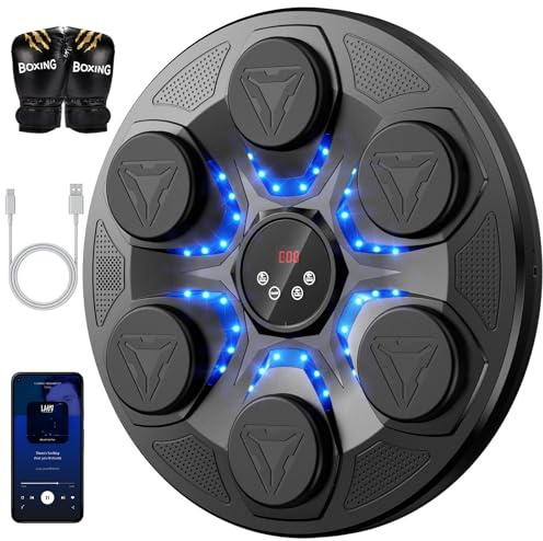 Máquina de boxeo musical con guantes de boxeo, máquina de boxeo, entrenador de perforación Bluetooth inteligente montado en la pared, objetivo de boxeo para adultos y niños para el hogar, interior y