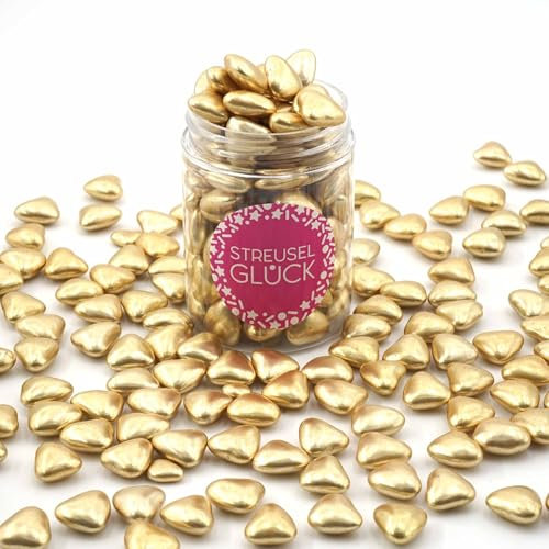 STREUSEL GLÜCK Streusel Schokoherzen gold 90g | ca. 100 Stück goldene Herzen Zuckerstreusel Sprinkles | Tortendeko für Hochzeit Geburtstag Kindergeburtstag Cupcakes | Plätzchen Torte Kuchen Muffins