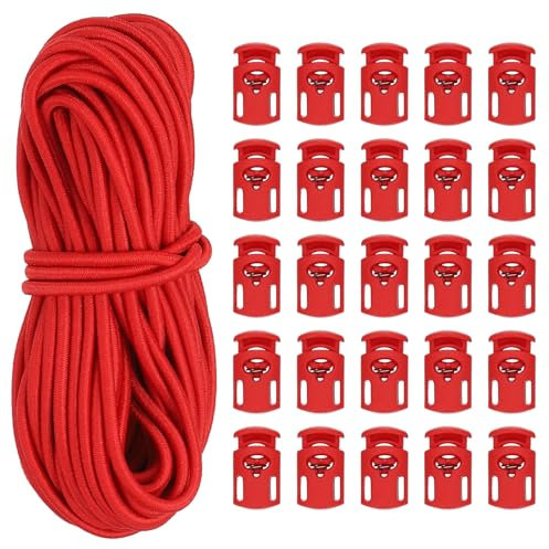 PATIKIL 10 Yard Elastic Bungee Cord & Single Hole Cord Lock, 25 Pack Plastic Oval Spring Toggle Stopper for Paracord Drawstring Shoelace Clothing Backpack Bags, Red
