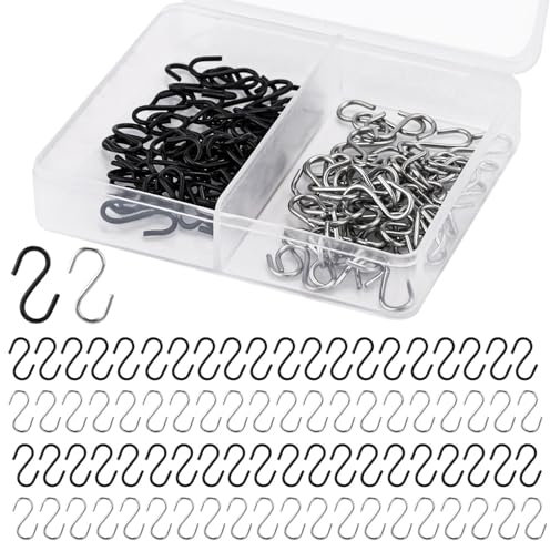 NQEUEPN 100pcs Small S Shaped Hooks, Mini Stainless Steel Hooks with Storage Box for DIY Crafts, Jewelry, Key Chain Tags (Black, Silver)