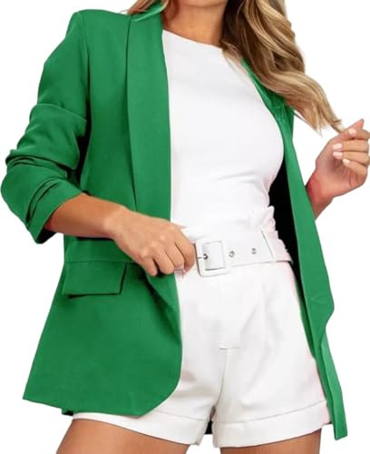Gostyles® Women's Ruched Sleeve Fully Lined Jackets, Ladies Office Work Open Front Coats Plain Collar Italian Blazer with Pockets (Jade Green, XL)