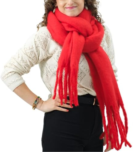 XIFRIKA Bufanda de Mujer para Invierno Tamaño XXL 248x39cm Lisa de Color Rojo. Bufanda Suave, Cálida, Extragrande. 100% Poliéster con Flecos para Uso Diario