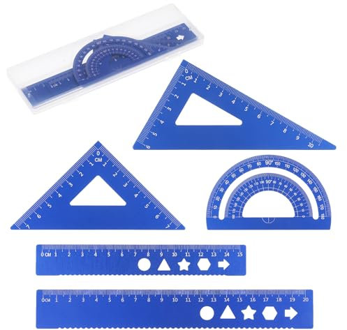 JIYIN 5 Stück Mathematik Geometrie Werkzeug, Metall Geometrie Set mit Winkelmesser und Dreieck Lineale, 8 and 6 Zoll Aluminiumlegierung Mathe Zeichnung Lineal für Studenten Büro Ingenieure Zeichner