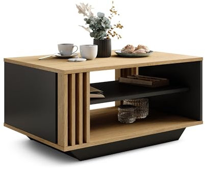 Viosimc Couchtisch, Wohnzimmertisch mit modernen Lamellen, moderner und stilvoller rechteckiger Kaffeetisch mit Ablage, stilvolle Ergänzung für jedes Wohnzimmer – Stone Eiche & Anthrazit