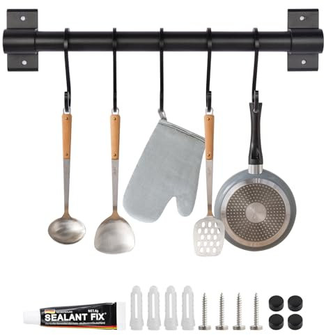 YILANJIN Hanging Rail Rack for Kitchen Utensil, Kitchen Utensil Rack with 5 Hooks, Wall Mounted Kitchen Utensil Hanging Rack Organizer, Kitchen Utensil Rack Black for Kitchen & Bathroom