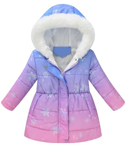 Winterjacke Mädchen Wintermantel mit Kellkapuze Winddicht Kälteschutz Warm Lang Mantel Kinder Parka Outdoor, Liebe Stern Schneeflocke Gradient Einfarbig Niedliche Muster Steppjacke 2-9 Jahre