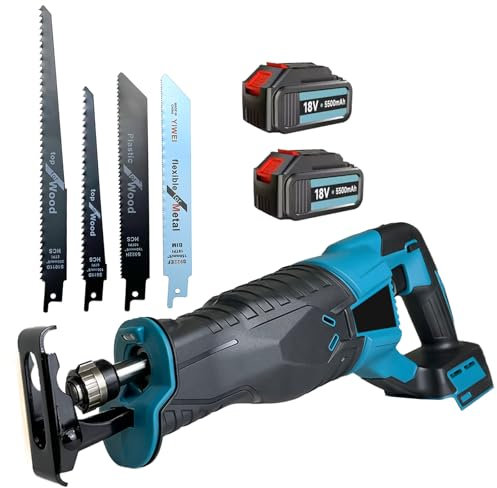 Akku Reciprosäge 18V, Ersatz für Makita 18V Akku, Elektrische Säbelsäge mit 2x 3.0AH Akku und Ladegerät, 4 Sägeblätter, 3500RPM Variabler Geschwindigkeit, für Metall, Holz, PVC-Rohr