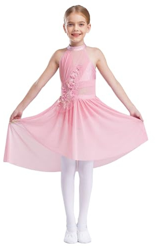 Aislor Abito da Pattinaggio Artistico Bambina Body Danza Classica con Gonna Tulle Strass Leotard Senza Manica Fiori Vestito da Latino Ballo Lirico Dancewear Rosa 9-10 anni