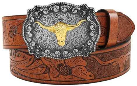 MOWUVAI Herren-Western-Cowboy-Gürtel, Cowboy Western Floral Gravur Breiter PU Leder Gürtel Hüftgurt für Herren 110 CM Western Cowboy Cowgirl Gürtel (Silber)