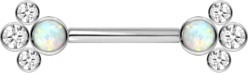 PIERCINGLINE Titan Barbell mit Push Fit SYNTHETISCHER OPAL + 3 KRISTALLE - Weiß, Silberfarben