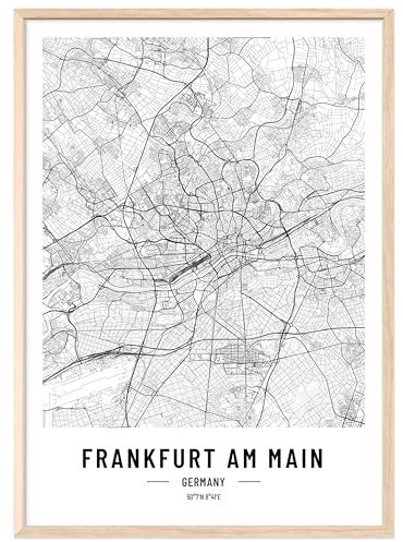 JUNOMI® Frankfurt Poster 50x70 cm mit Rahmen Natur, Wohnzimmer Deko, Modernes Wandbild, Frankfurt Bild, Wandbild mit Rahmen, Stadtplan Poster Frankfurt, perfekte Geschenkidee für Frankfurter