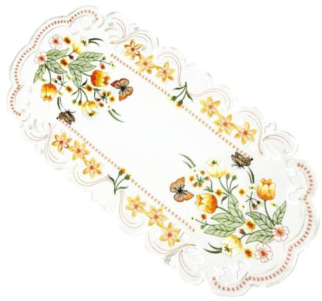 Orange Tulpen und Schmetterlinge Tischläufer Tischdecke Mitteldecke Deckchen gestickt (ca. 35x70 cm)