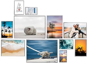 Wackadoo Bilderrahmen Set 11er 30x40 cm A4 21x29,7 (DIN A4) 15x20 cm 13x18 cm 10x15 cm mit echten Glasscheiben, verschiedene Größen silber, photo frame Poster