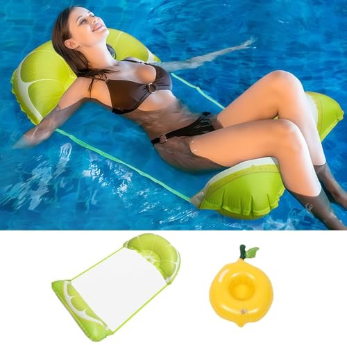 WIKIMO Aufblasbare Luftmatratze Pool mit Becherhalter, 137x70cm Luftmatratze Wasser für Erwachsene, Wasserhängematte mit Netz, Pool Zubehör Spaß (Zitrone)