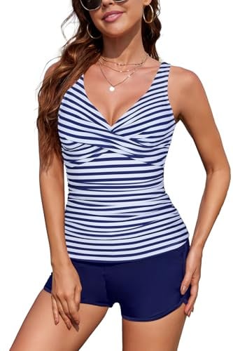 SHEKIN Baddräkt för kvinnor, tankini set, V-ringad, magkontroll, badmode, tvådelad med badbyxor, sommarbaddräkter, push-up, baddräkter, Mörkblå ränder, L