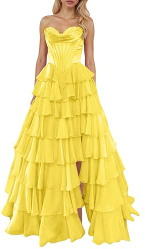 Vhersily Trägerloses Ballkleid mit Korsett für Damen aus Chiffon, Schichten für formelle Abendveranstaltungen mit Schlitz, Frühlingskleidung, sexy Kleidung, kurvig, Zeremonie, Brautjungfer, Mädchen, C