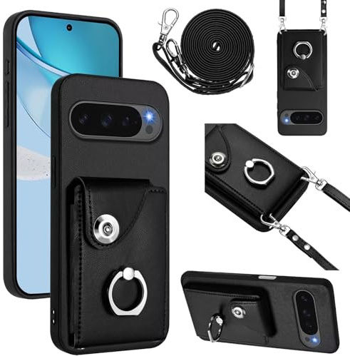 Handyhülle für Google Pixel 10/10 Pro Hülle mit Band Kartenfach Handykette Geldbörse,360 Grad Ringhalter Stand Kartenfach,Leder Klapphülle Handytasche Handykette Hülle Silikon Seil Necklace-Schwarz